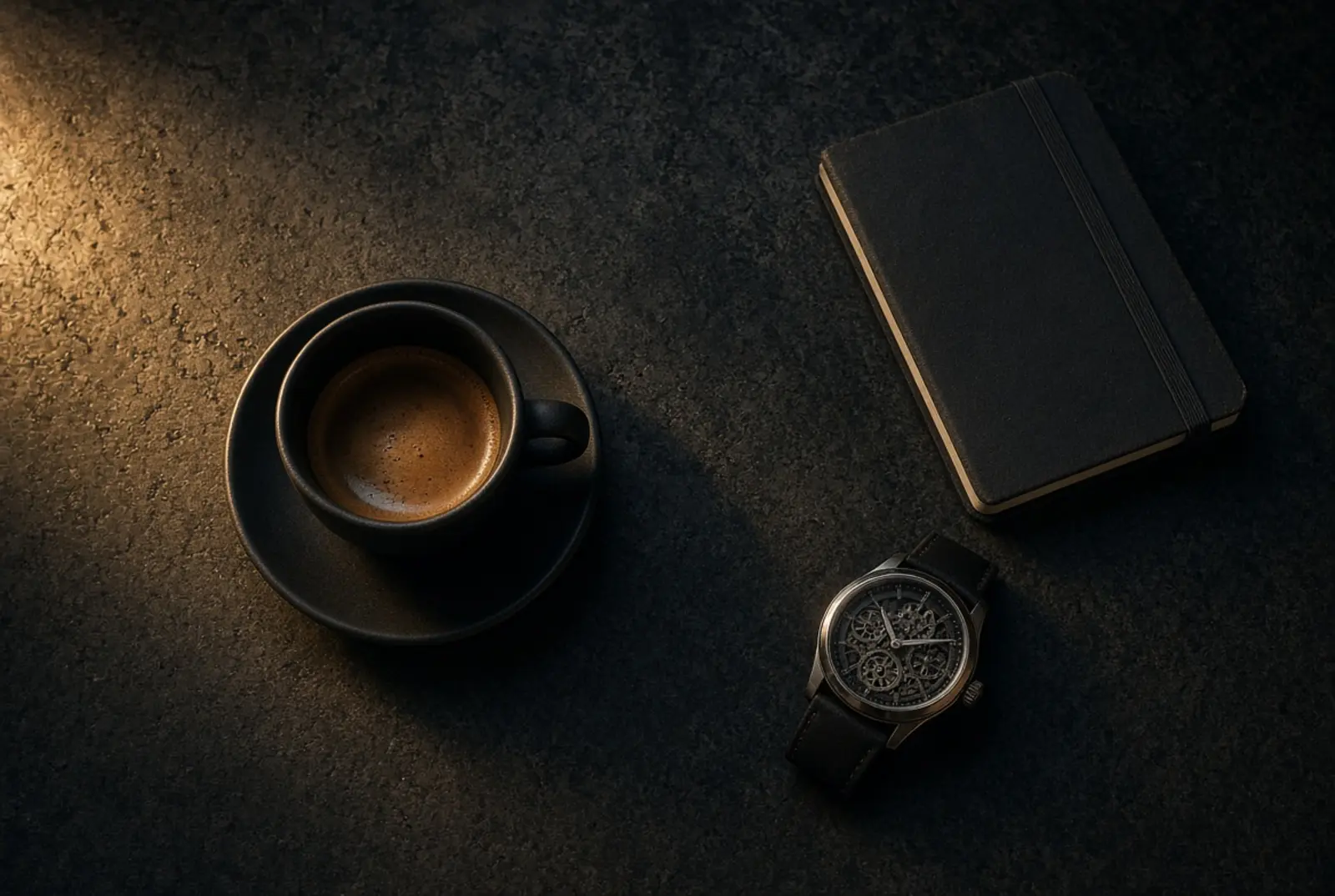 Overhead of espresso cup, notebook and mechanical watch on dark stone surface