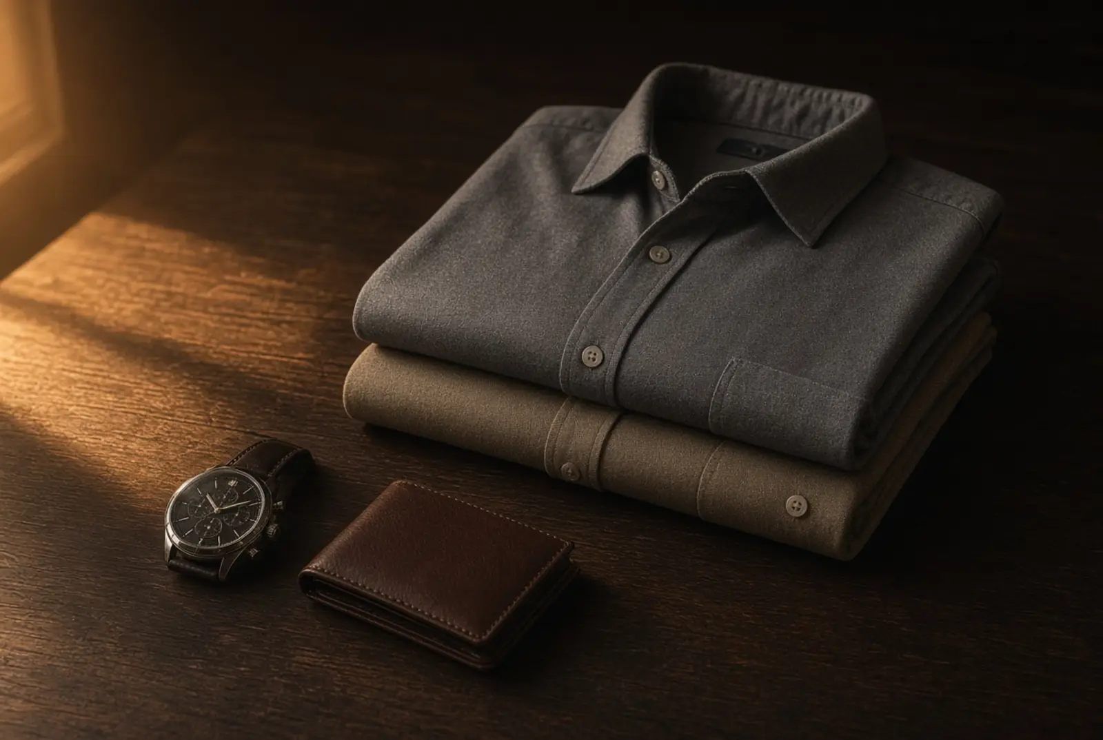 Folded shirts, watch, and wallet still life in warm amber window light